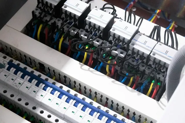 Intérieur d'un tableau électrique avec disjoncteurs et câblage multicolore lors d'un remplacement
