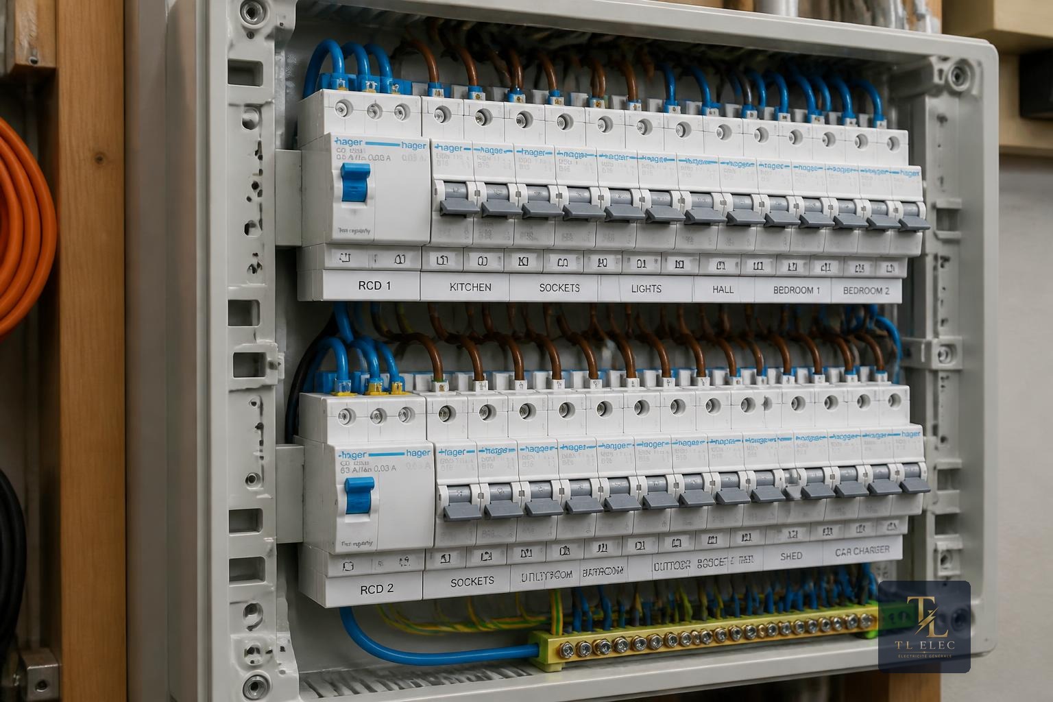 Intérieur d'un tableau électrique aux normes, disjoncteurs et différentiels alignés