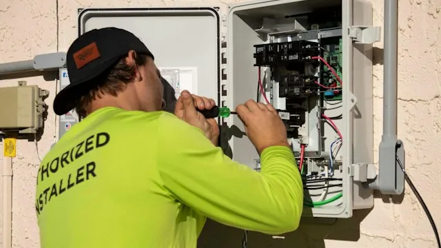 Électricien intervenant sur un coffret électrique extérieur lors d'un dépannage d'urgence